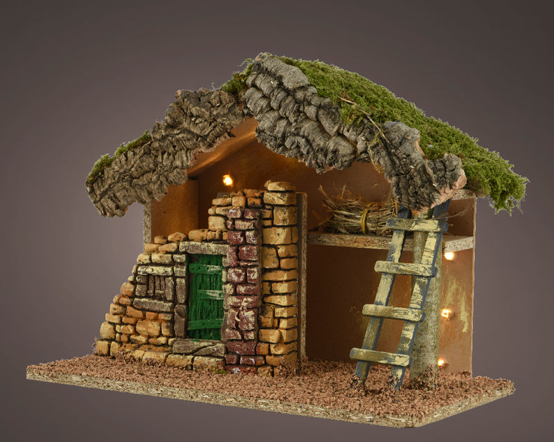 Christmas Nativity Crib with Battery Operated LED Lights, Moss, Bark & Straw (32 x 17 x 24cm)
