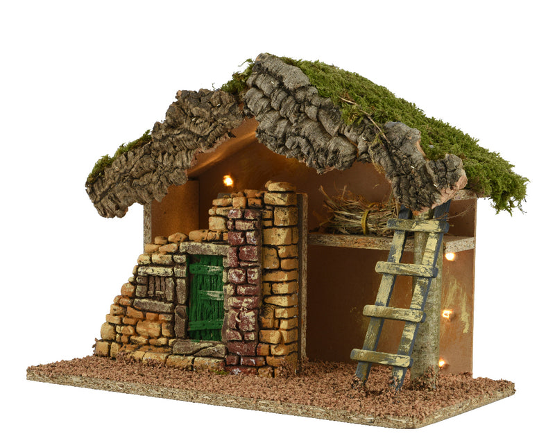 Christmas Nativity Crib with Battery Operated LED Lights, Moss, Bark & Straw (32 x 17 x 24cm)