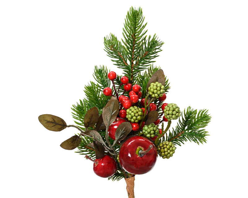 Christmas Pine Needle Branch With Red Apples and Berries (8cm x 26cm)