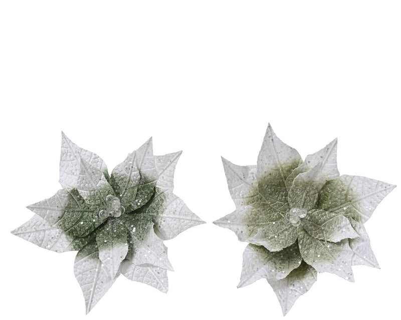 Christmas Poinsettia Green Velvet On Clip With Glitter Sparkle 28cm x16cm (Sold Individually)