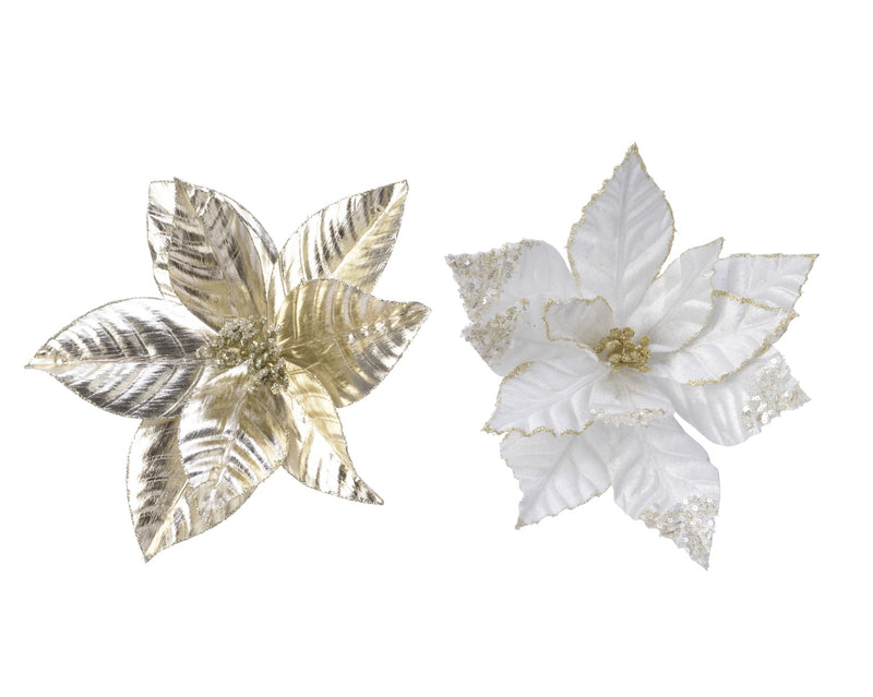 Christmas Poinsettia Gold or White Polyster with Glitter on Clip 27cm x 5cm (Sold Individually)