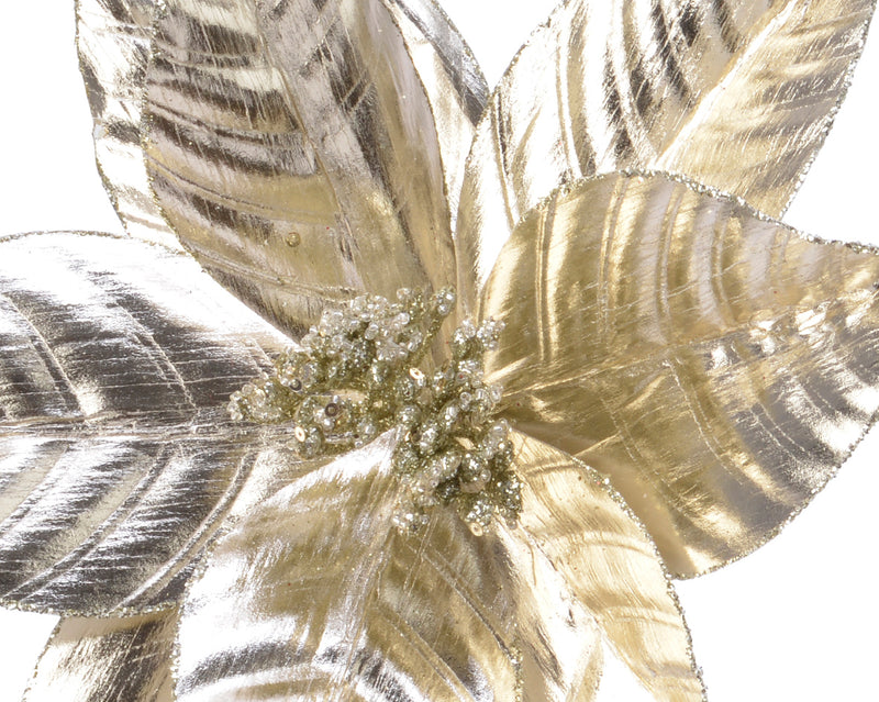Christmas Poinsettia Gold or White Polyster with Glitter on Clip 27cm x 5cm (Sold Individually)
