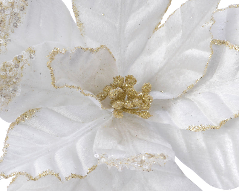 Christmas Poinsettia Gold or White Polyster with Glitter on Clip 27cm x 5cm (Sold Individually)