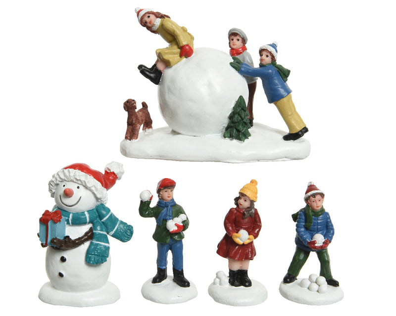 Christmas Village Scene Figures Children Making Snowball & Snowman