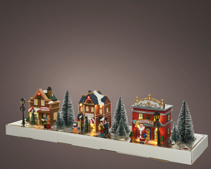 Christmas Village Scene Set of Houses Bookshop, Gift Shop & Theatre With Figurines Battery Operated