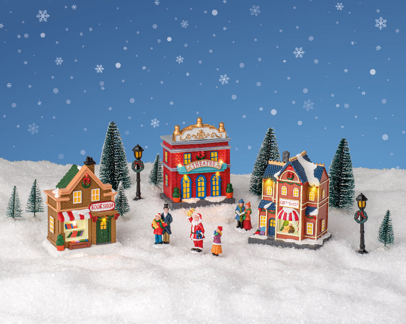 Christmas Village Scene Set of Houses Bookshop, Gift Shop & Theatre With Figurines Battery Operated