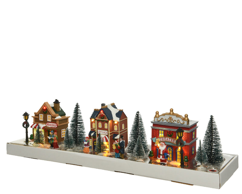Christmas Village Scene Set of Houses Bookshop, Gift Shop & Theatre With Figurines Battery Operated