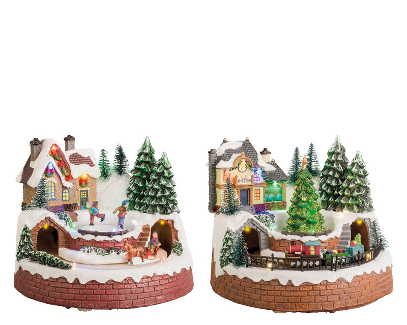 Christmas Village Scene With Rotating Horse & Sleigh or Rotating Train Battery Operated (18.5cm x 19.5cm x 16.5cm)