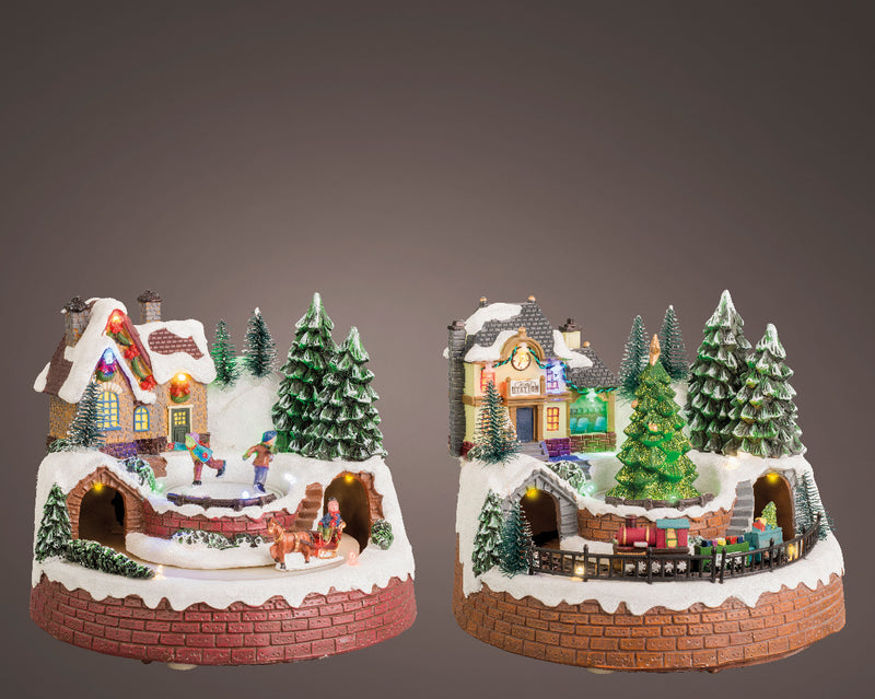 Christmas Village Scene With Rotating Horse & Sleigh or Rotating Train Battery Operated (18.5cm x 19.5cm x 16.5cm)