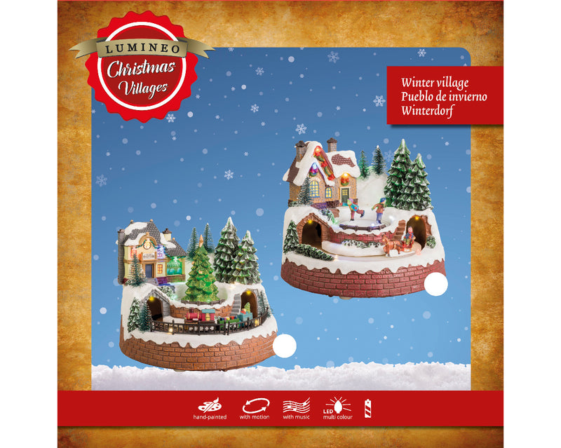 Christmas Village Scene With Rotating Horse & Sleigh or Rotating Train Battery Operated (18.5cm x 19.5cm x 16.5cm)