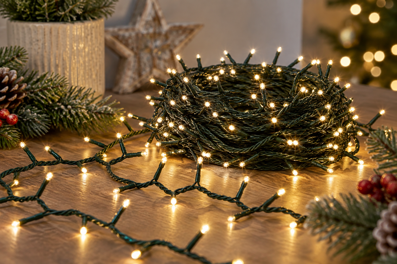 A coiled bundle of green holiday string lights with glowing warm white bulbs, arranged on a wooden surface with pine branches and festive decor in the background.