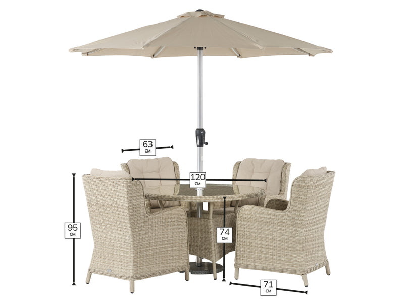 Chedworth Sandstone Rattan 4 High Back Seat, Round Dining Set with Parasol & Base