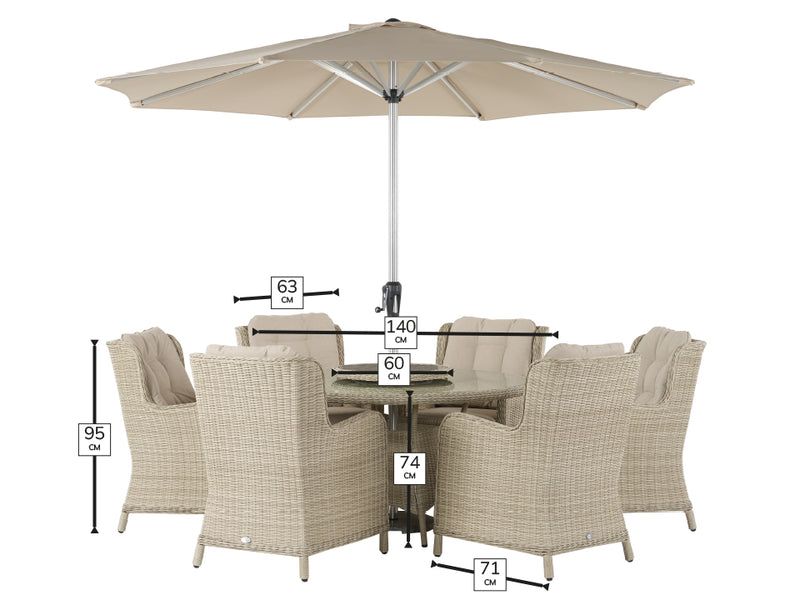 Chedworth Sandstone Rattan 6 High Back Seat, Round Dining set with Lazy Susan, Parasol & Base