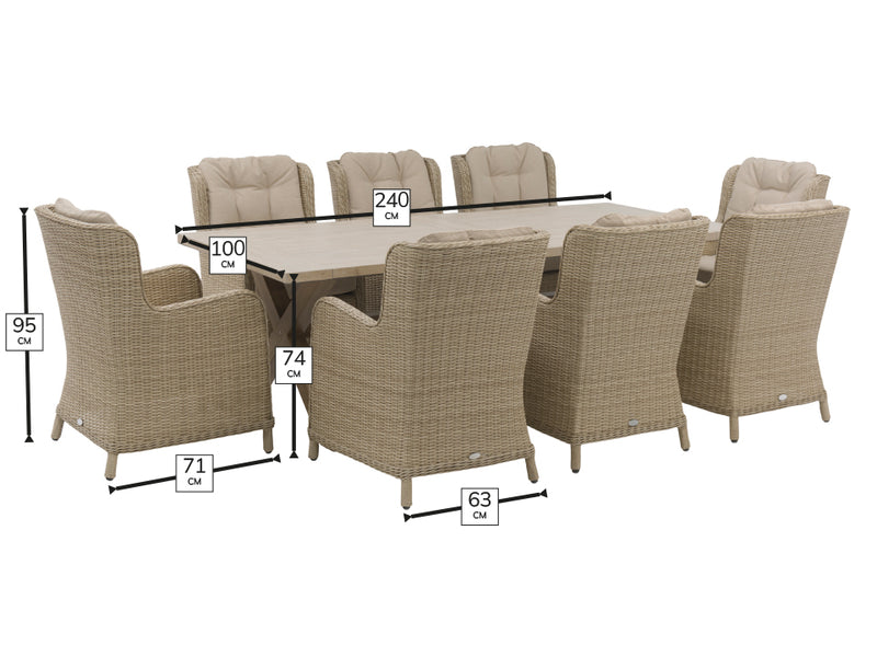Chedworth Sandstone Ceramic Rectangle Table with 8 Rattan High Back Armchairs