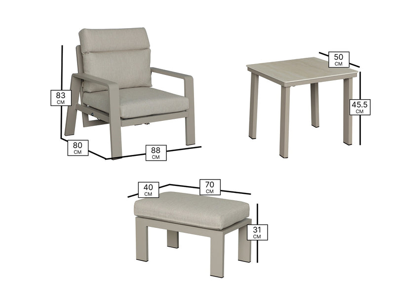 Prague 2 x Reclining Sofa Chairs with Footstools & Sinterstone Side Table - Latte