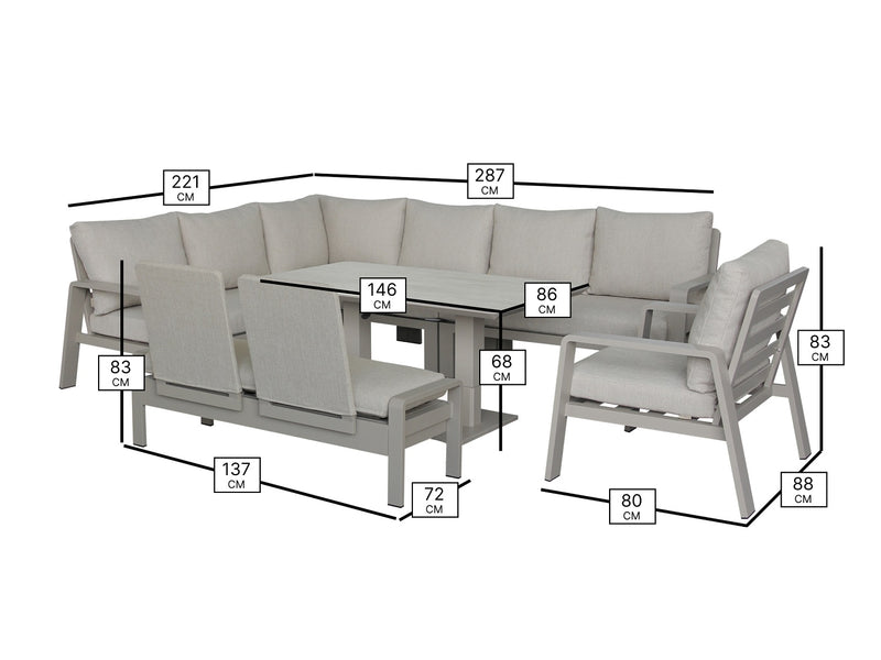 Prague L Shape Sofa with Piston Adjustable Rectangle Table, Bench & Chair - Latte