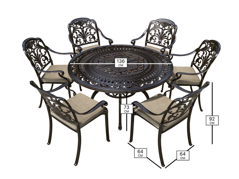 Venice Bronze Cast Aluminium 6 Seat Round Dining Set with Parasol & Base