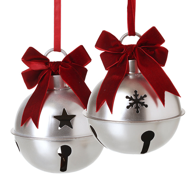 Silver Christmas bell decorations with red velvet bows, assorted – Heaven Sends