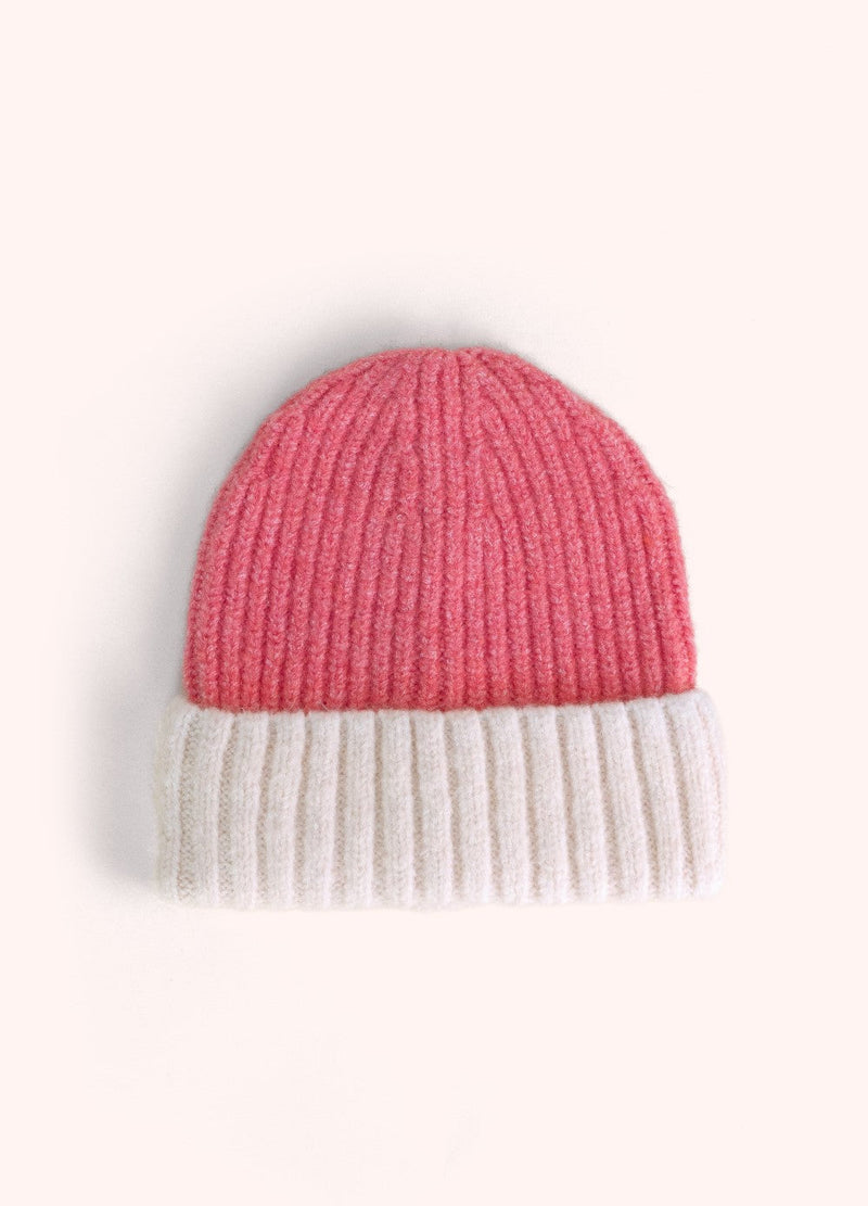 Emily Beanie - Coral by Powder showing the coral and cream ribbed knit