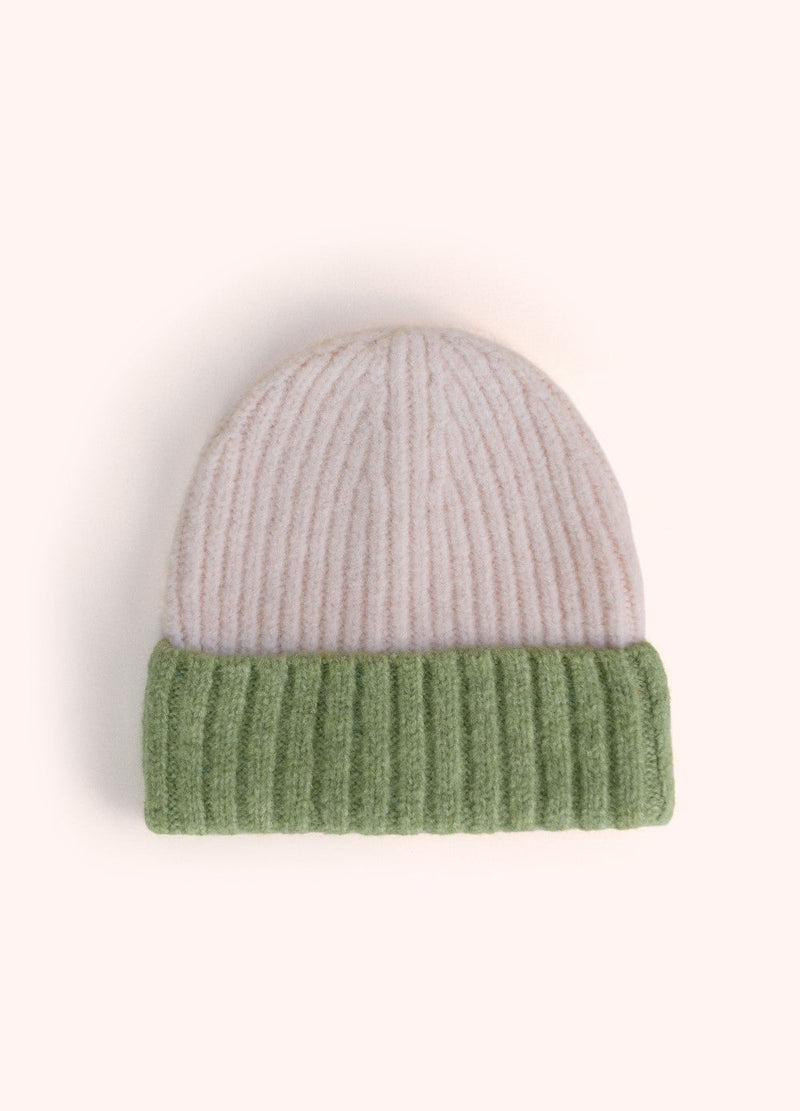 Emily Beanie - Cream by Powder showing the cream and green ribbed knit