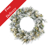 4 Foot Pre-Lit Kingsley Pine Artificial Christmas Wreath – 200 Warm White LEDs – Free Delivery