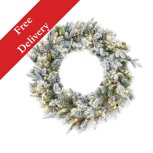 4 Foot Pre-Lit Kingsley Pine Artificial Christmas Wreath – 200 Warm White LEDs – Free Delivery