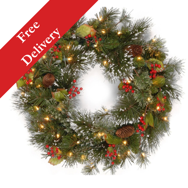 4 Foot Pre-Lit Wintry Pine Artificial Christmas Wreath with Pine Cones & Red Berries – 200 Warm White LEDs – Free Delivery