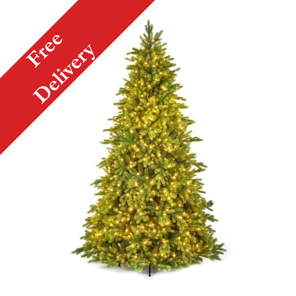 7.5ft pre-lit Westbury Spruce Christmas tree with 800 warm white LEDs with free delivery banner