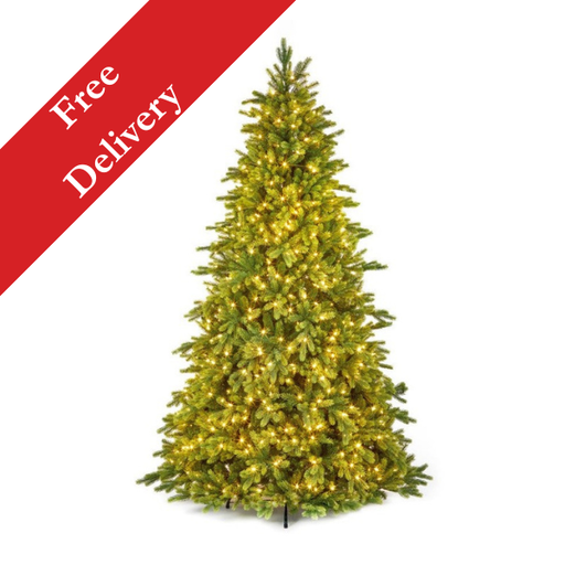 7.5ft pre-lit Westbury Spruce Christmas tree with 800 warm white LEDs with free delivery banner