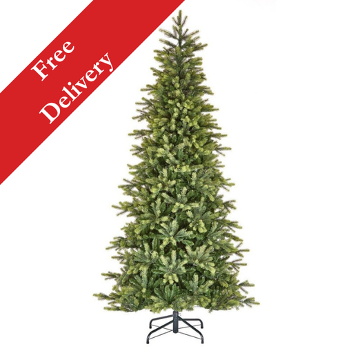 7.5ft Slim Westbury Spruce artificial Christmas tree with free delivery banner