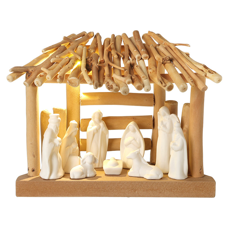 Christmas Nativity Scene Ceramic & Wood With LED LIghts (Battery Operated)