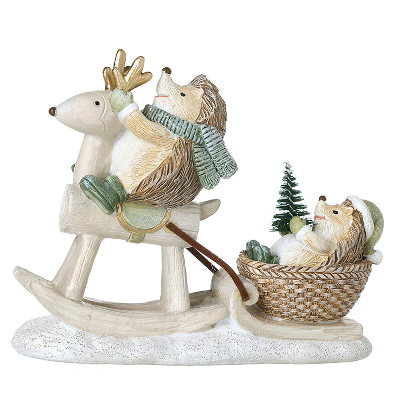 Hedgehog on rocking reindeer Christmas decoration – Heaven Sends