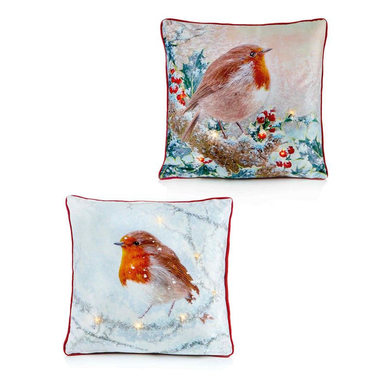 Battery-Operated LED Robin Cushions 45 x 45 cm - 2 Assorted Designs
