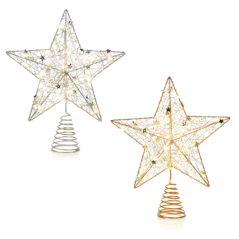Battery Operated Micro LED Tree Topper Gold or Silver Star With Warm White Lights 30cm (Sold Individually)