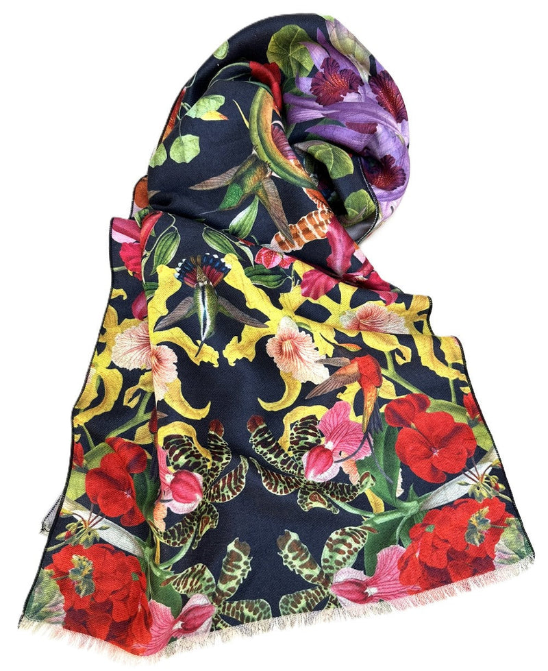 Botanical Kaleidoscope Lux Print Scarf by Powder styled on a plain background