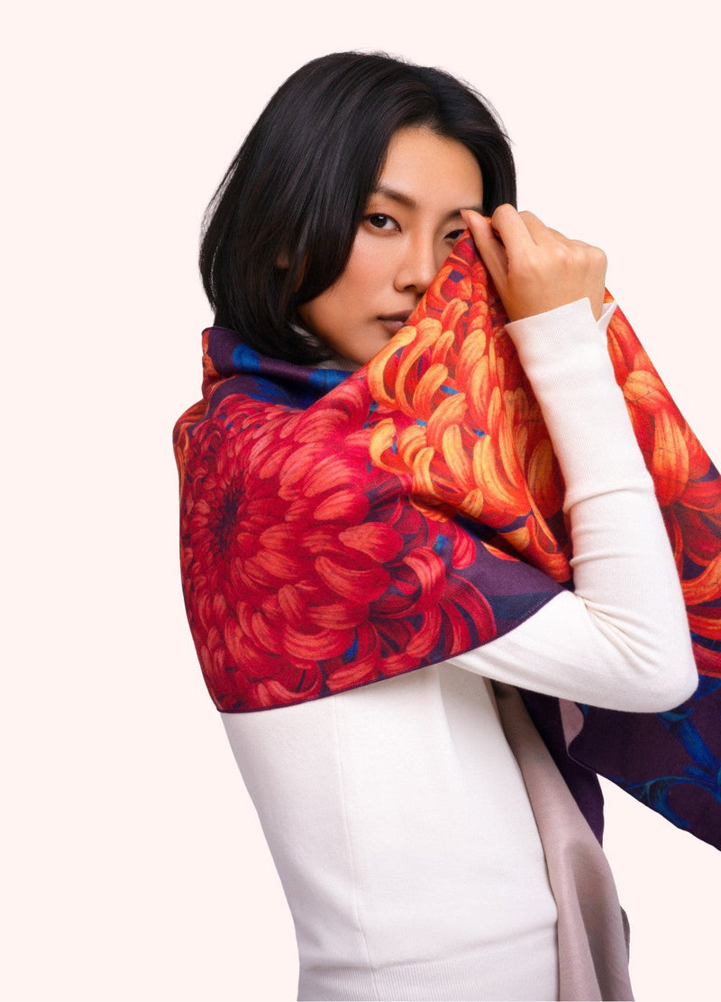 Chrysanthemum Lux Print Scarf by Powder wrapped around a model's shoulders