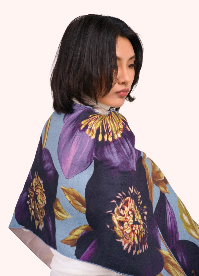 Hellebore Lux Print Scarf by Powder worn over a model's shoulders