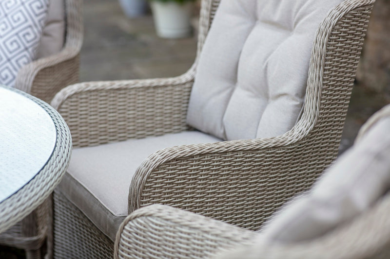Chedworth Sandstone Rattan 6 High Back Seat, Round Dining set with Lazy Susan, Parasol & Base