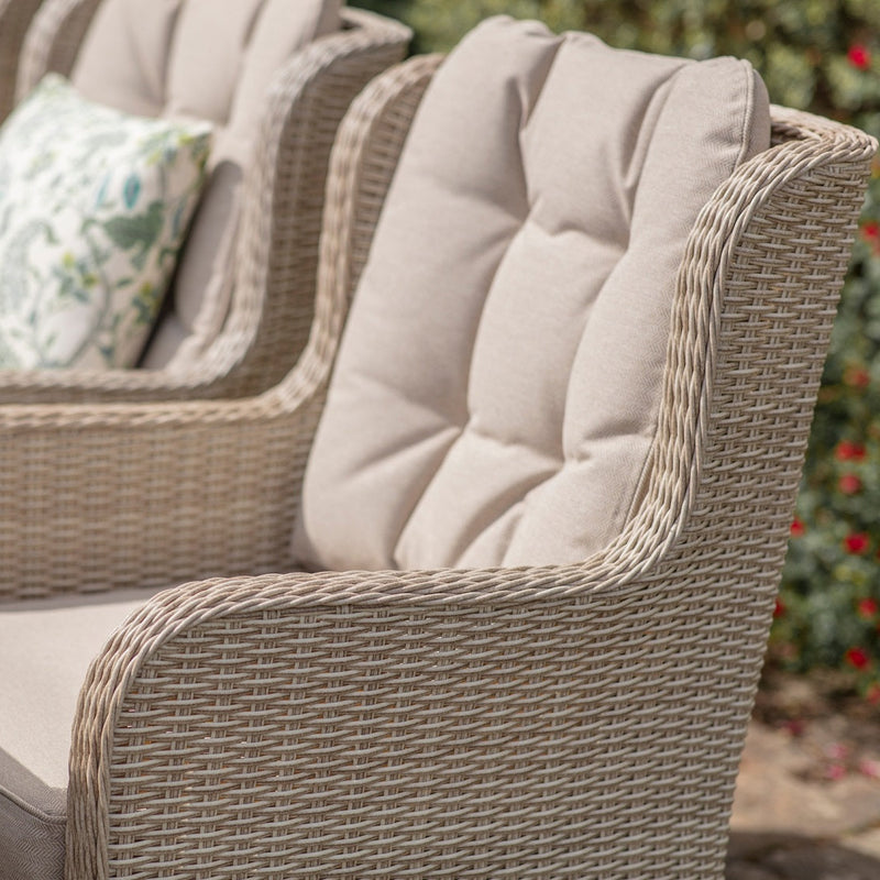 Chedworth Sandstone Rattan 4 High Back Seat, Round Dining Set with Parasol & Base