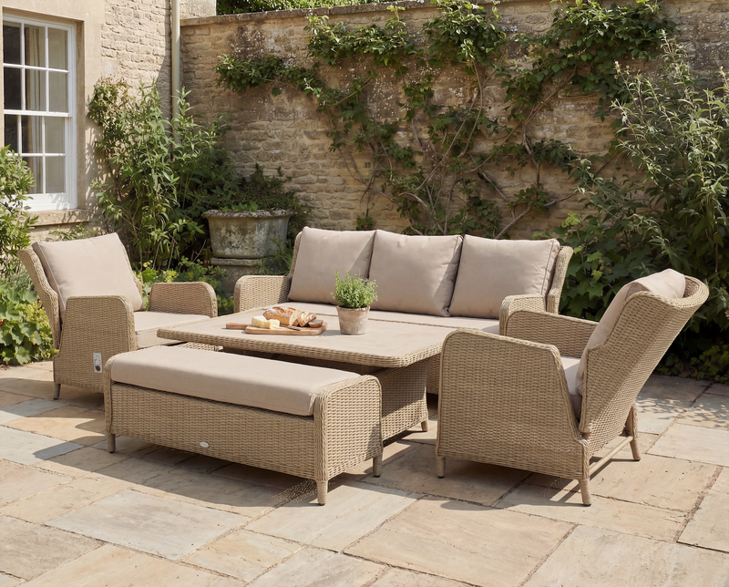 Chedworth Reclining 3 Seat Sofa, Piston Adjustable Ceramic Rectangle Table, 2 Sofa Chairs & Bench - Sandstone