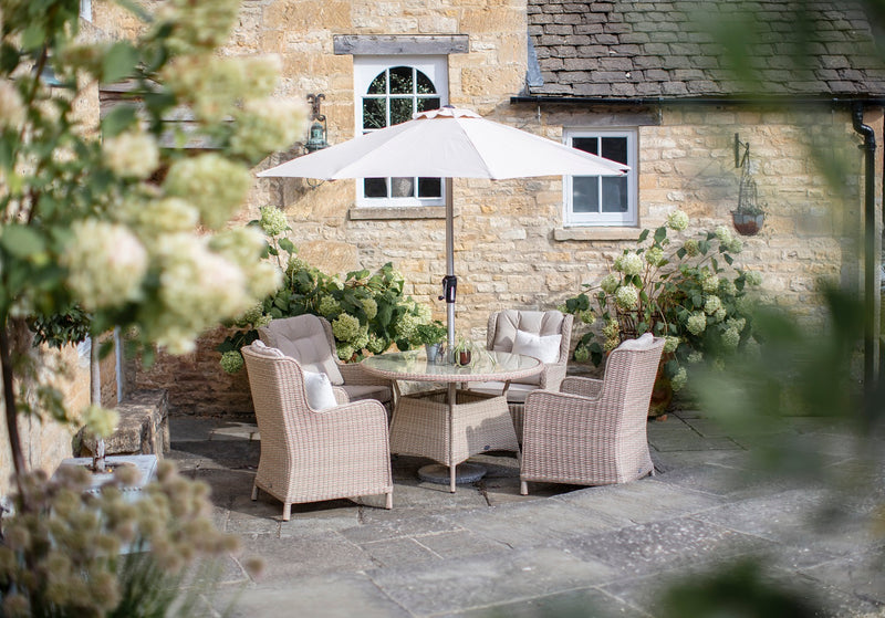 Chedworth Sandstone Rattan 4 High Back Seat, Round Dining Set with Parasol & Base