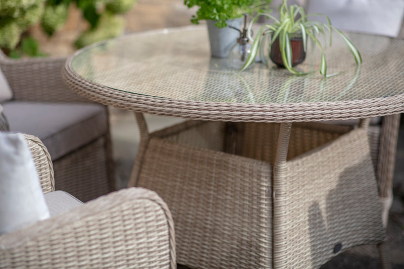 Chedworth Sandstone Rattan 4 High Back Seat, Round Dining Set with Parasol & Base