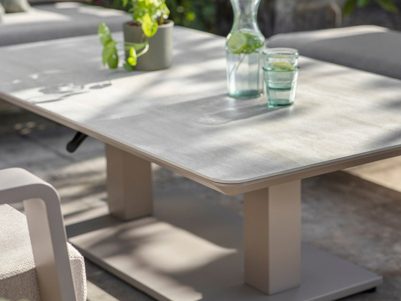 Prague L Shape Sofa with Piston Adjustable Rectangle Table, Bench & Chair - Latte