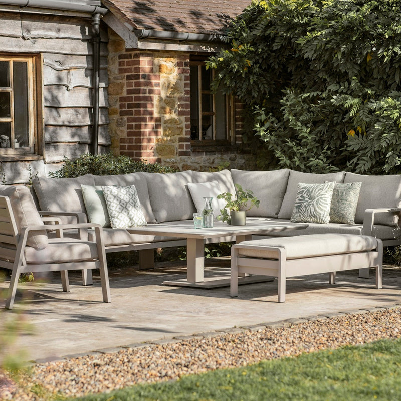 Prague L Shape Sofa with Piston Adjustable Rectangle Table, Bench & Chair - Latte