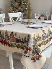 Limaso Ivory Christmas tapestry tablecloth – close-up of the festive village design