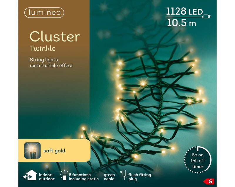 Lumineo Cluster Twinkle 1128 Soft Gold Christmas Lights Green Cable 10.5m