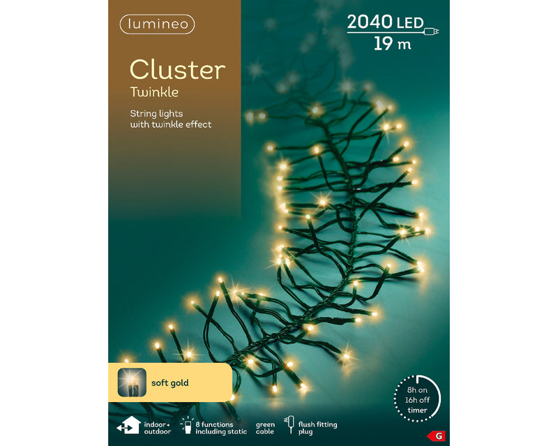 Lumineo Cluster Twinkle 2040 Soft Gold Christmas Lights Green Cable 19m