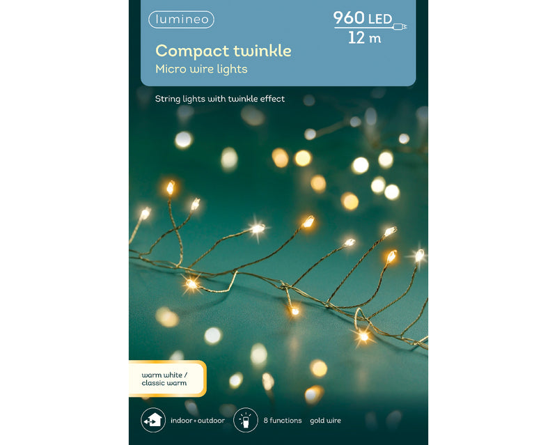 Lumineo Compact Twinkle 960 Micro Wire Warm White/Classic Warm Christmas Lights With Gold Cable 12m