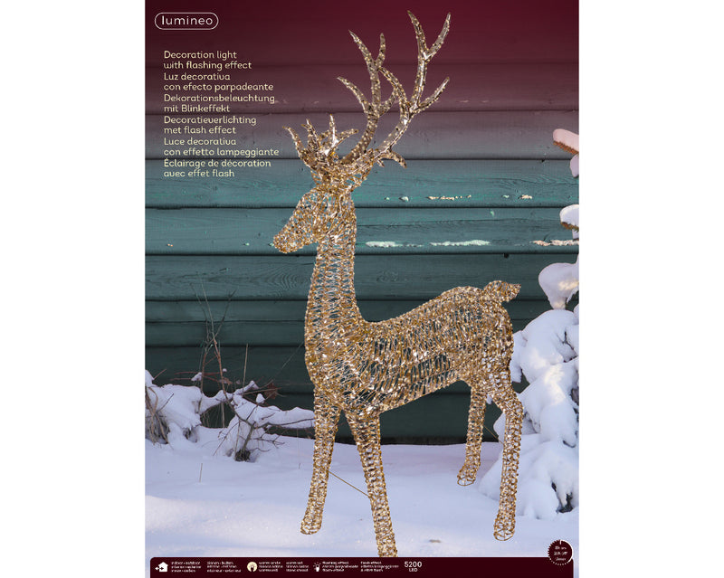 Lumineo Reindeer Standing Gold Finish With 5200 Warm White Lights 43 x 110 x 270cm