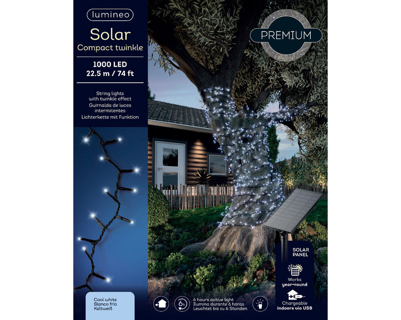 Lumineo Solar Powered 1000 Compact Twinkle Cool White LightsWith Black Cable 22.5m